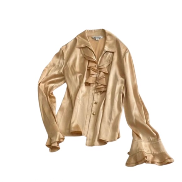 St. John silk Ruffled Long Sleeve Blouse apricot peach - Picture 3 of 17